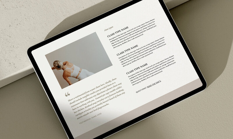 Showit website template featuring a section for boutique fitness studio class types.