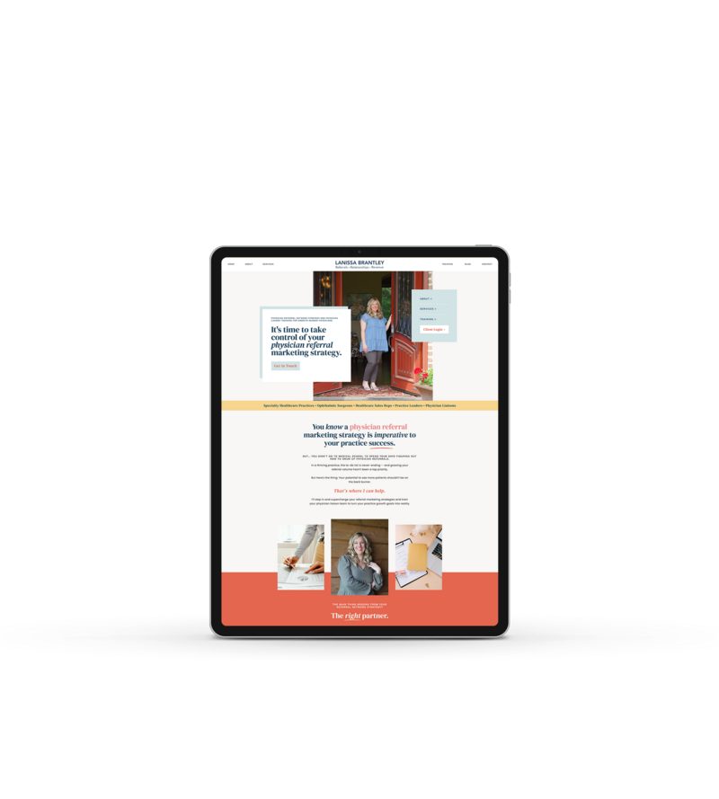 A tablet displaying a webpage featuring a person in a blue outfit, text about professional marketing strategies, and sections about job planning and services, crafted with precision by a Showit design partner to highlight stunning branding website design.