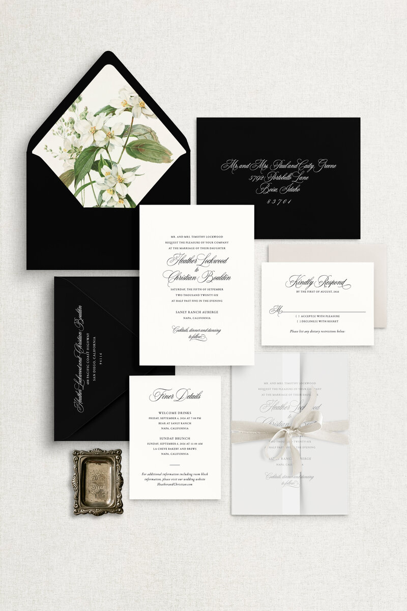 Semi Custom wedding invitation with black letterpress and silk ribbon