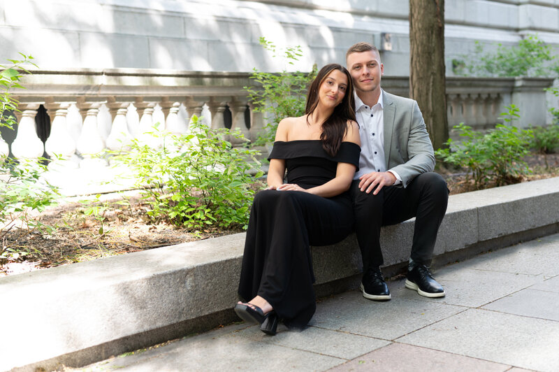 Cleveland Public Library engagement session with couple in black dress and suit