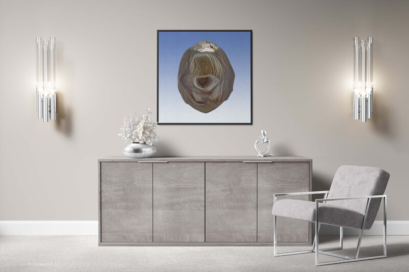 Fine Art Canvas with a black frame featuring Project Stardust micrometeorite NMM 646 for luxury interior design