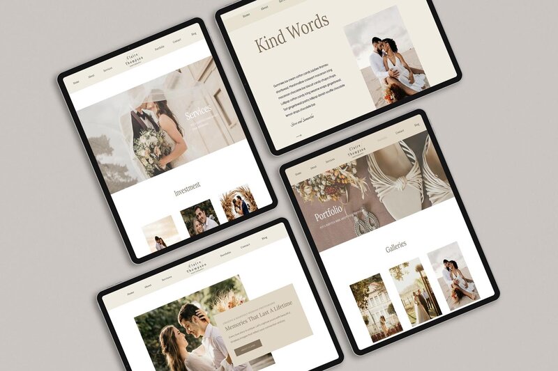 Image of four tablets laying in different directions with a wedding photography website on their screens.