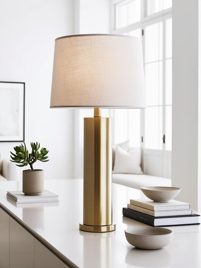 A refined brass lamp with an oatmeal linen shade sits atop a minimalist cupboard, surrounded by books, bowls, and a succulent. Soft glimpses of a lounge and framed artwork complete this light-filled, airy space.