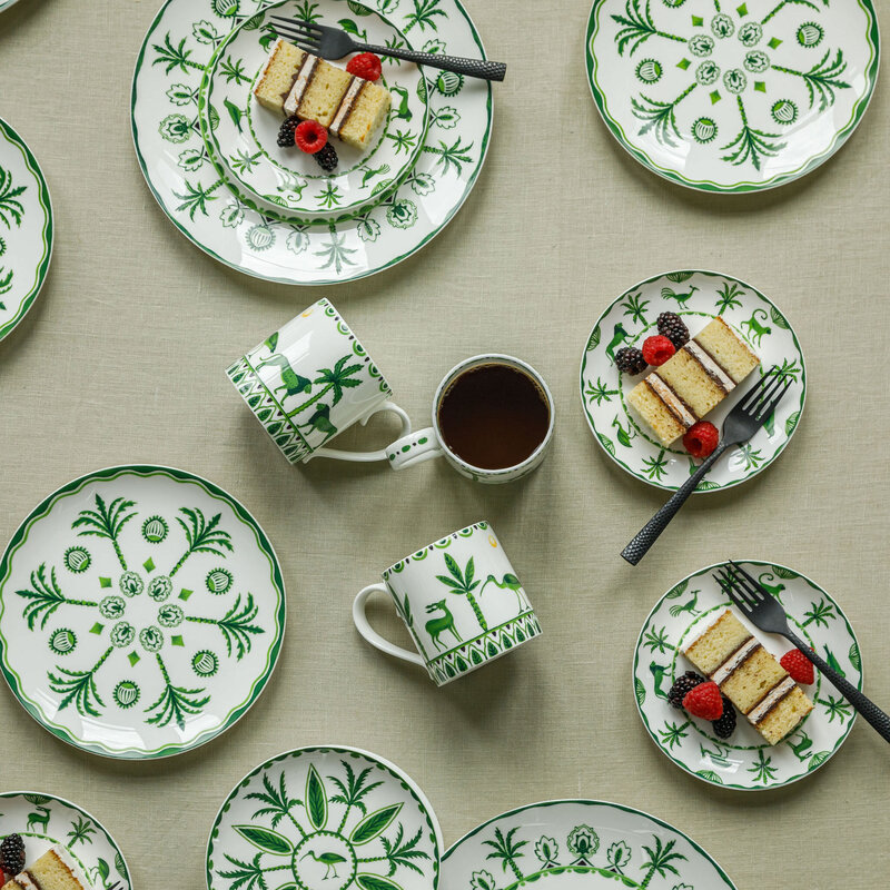 Coffee and wedding cake served on festive green and white Sultan's Garden china