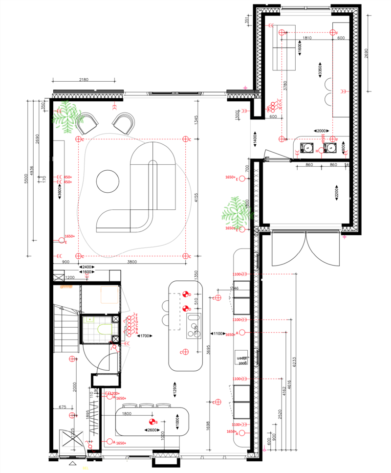 2D indeling inclusief lichtplan  van een woonboerderij, ontworpen door interieurdesign studio BOU Living.