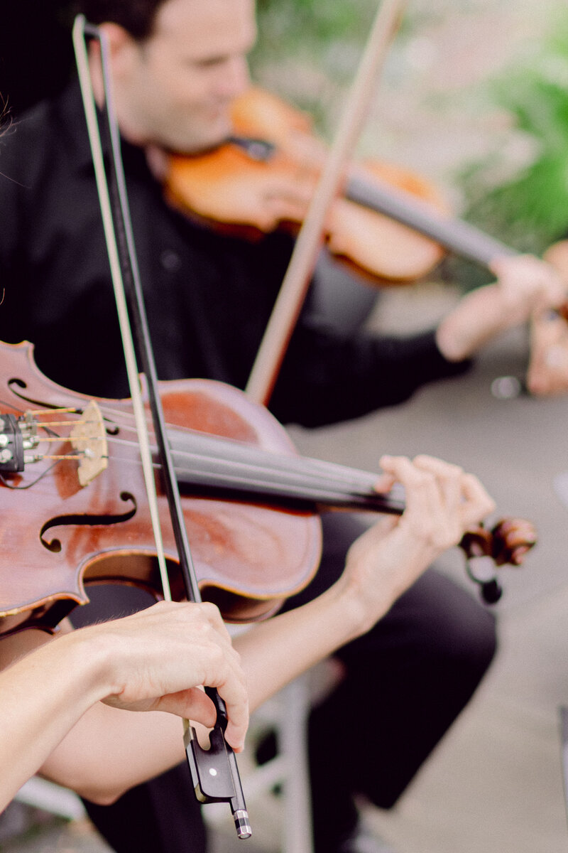 A close-up of a violinist playing live music during a wedding ceremony at The Dewberry Hotel in Charleston, SC. Captured by Amia Marcell wedding photographer.