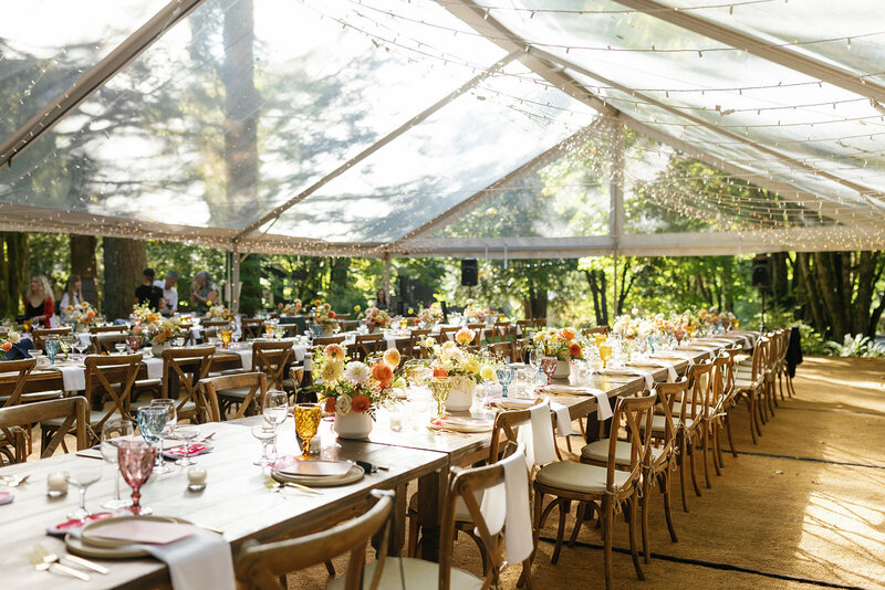 wedding reception tablescape at Sunwolf, BC under a tent