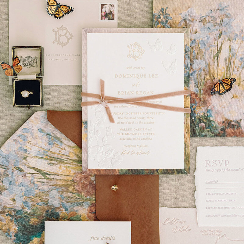 Dominique Alba Studio Custom event stationery and branding fall invitation suite with monarch butterflies IG