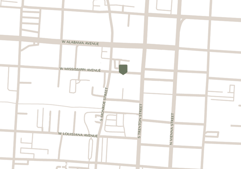 A simplified street map displays intersections of W Alabama Avenue, W Mississippi Avenue, W Louisiana Avenue, S Monroe Street, S Trenton Street, and N Vienna Street, with a green marker near W Mississippi Avenue.