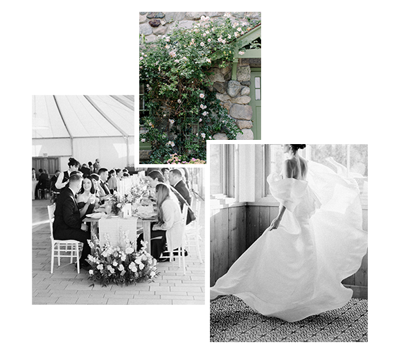 Trio of images featuring a stone wall with garden pink roses climbing up, a long head table of wedding guests toasting, and a bride in a billowy gown twirling, photographed by New England Wedding Photographer Ashley Helen