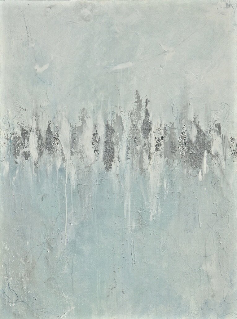 Kristi Mann Fine Art | Mixed-Media Abstract Painting on Gallery-Wrapped Canvas with silver sparkle, silver foil leafing, layers of shimmering white, and textured layers of light grey, blue, and teal.