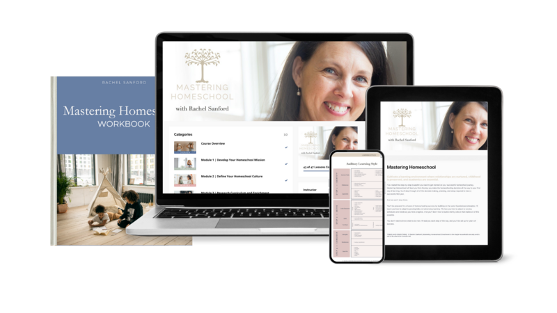 Mockup of Mastering Homeschool course on desktop, laptop, tablet and phone