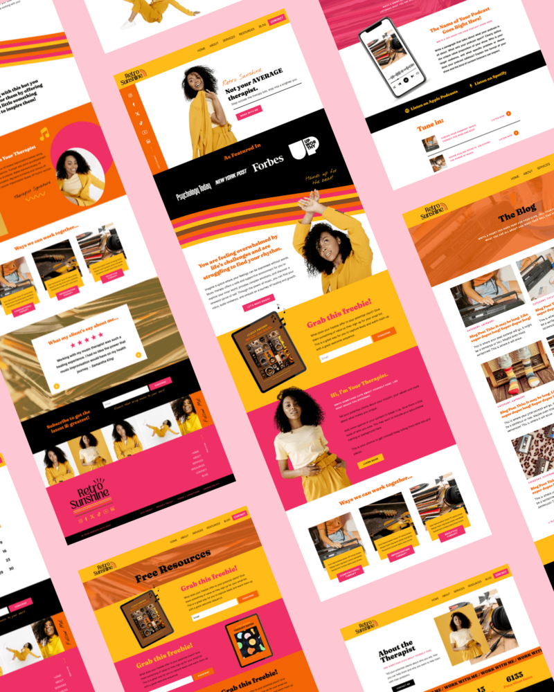 Collage of screenshots of the Retro Sunshine Showit website template for women therapists and entrepreneurs.