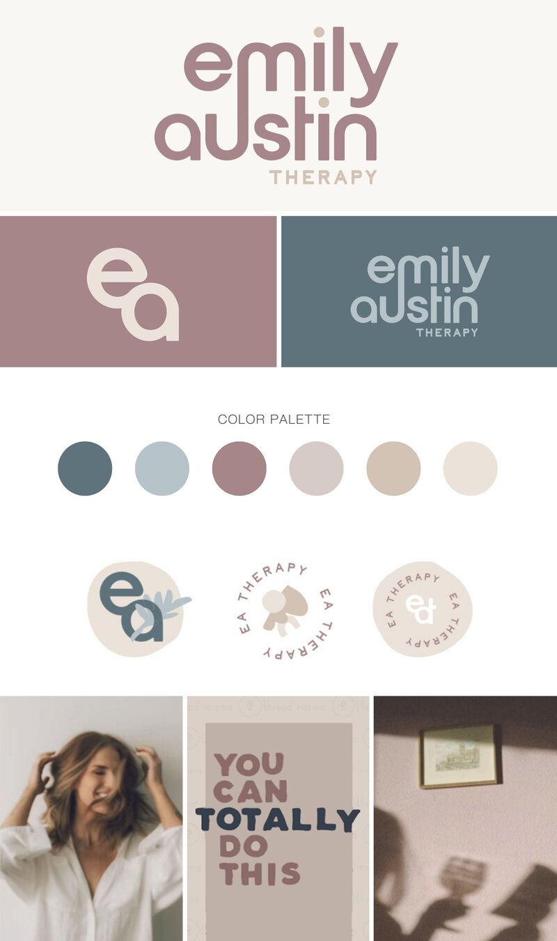 Branding suite for modern therapist. Navy, Mauve and Beige colors with sans serif fonts