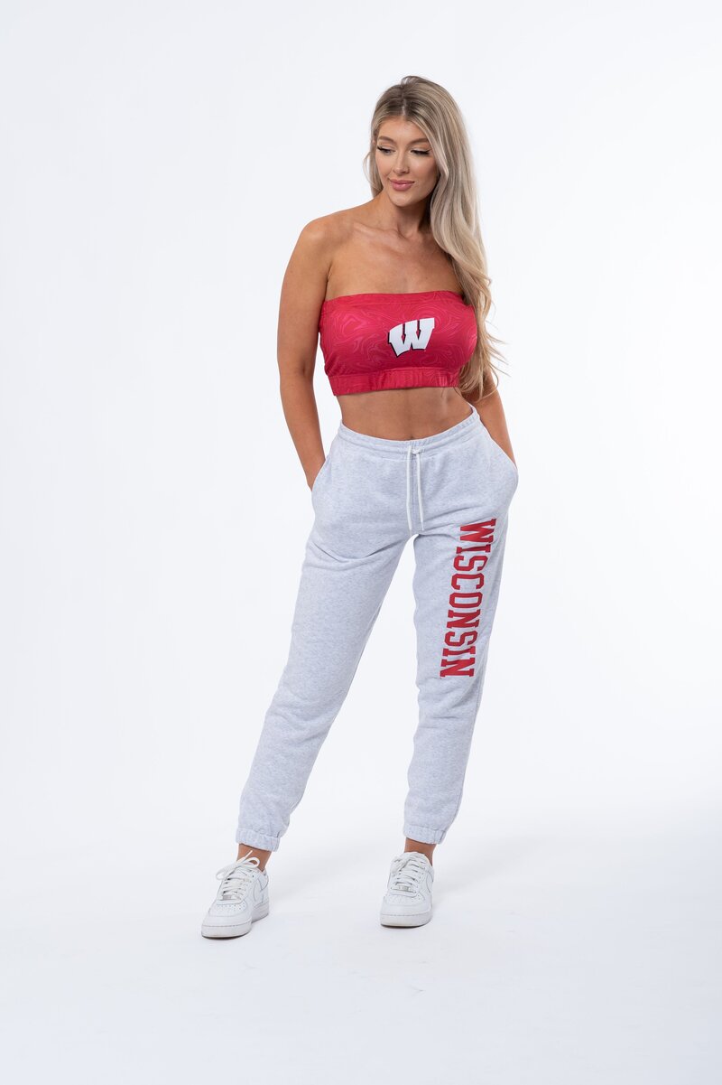 white wisconsin joggers with wisconsin down the leg in red