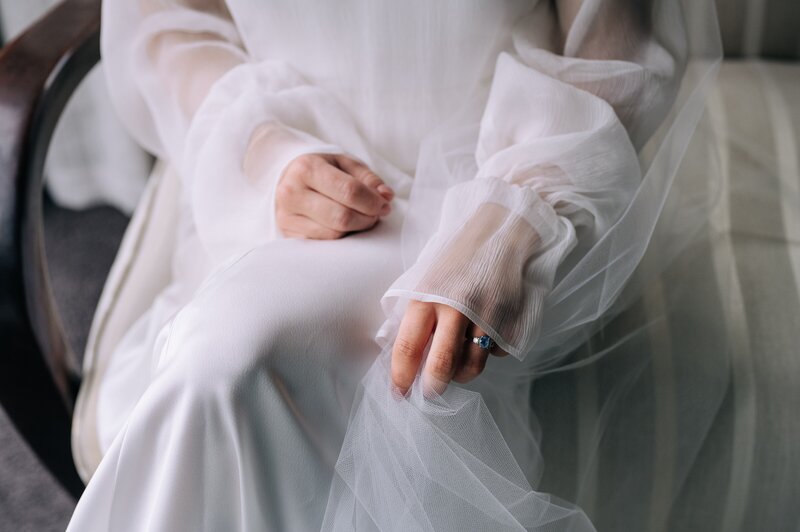 details photo of sheer sleeves on kenny and harlow wedding dress