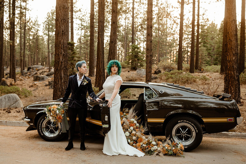 trendy tattooed bride and groom with green hair