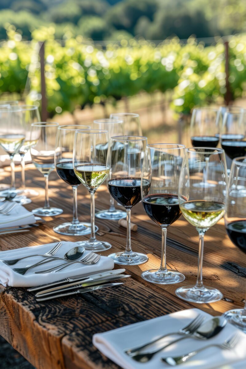 A rustic wooden table is set with various wine glasses filled with red and white wine. It is outdoors with a vineyard in the background. The table also has white napkins and silverware neatly arranged.