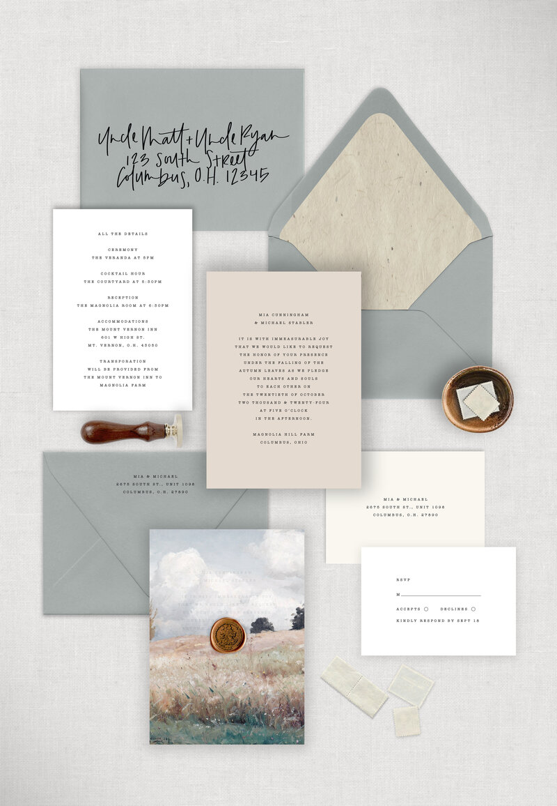 Reminiscent of the vintage typewriter, the entire suite is done in a standard typewriter font, the invitation is digitally printed on Mist colored heavyweight cardstock and Snow White cardstock for the rsvp and details card, mailing envelope is a Light Grey with a Japanese textured paper envelope liner and handwritten addresses, and finished with vintage artwork printed on a vellum wrap and a copper wax seal.