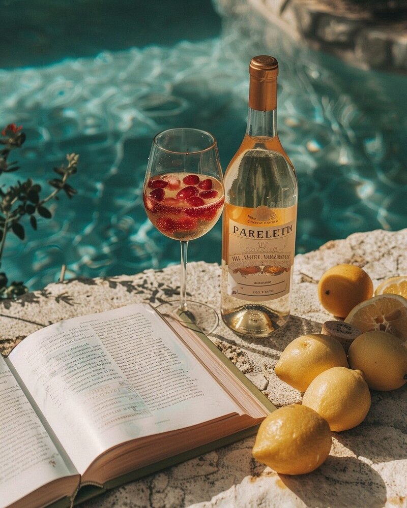 Poolside with an open book, a glass and bottle of white wine and citrus fruits