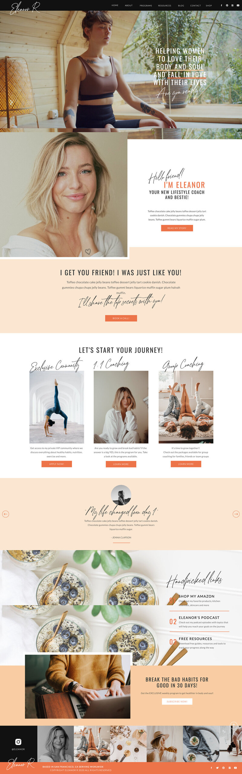 Desktop view of Eleanor Showit website template with elegant layout, large image sections, and clear navigation for coaches and creatives.