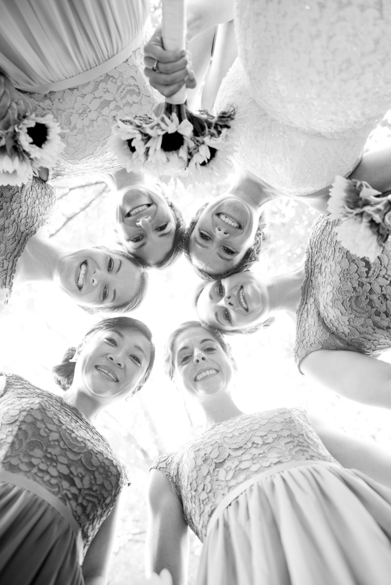A bridemaids photo shot from below.