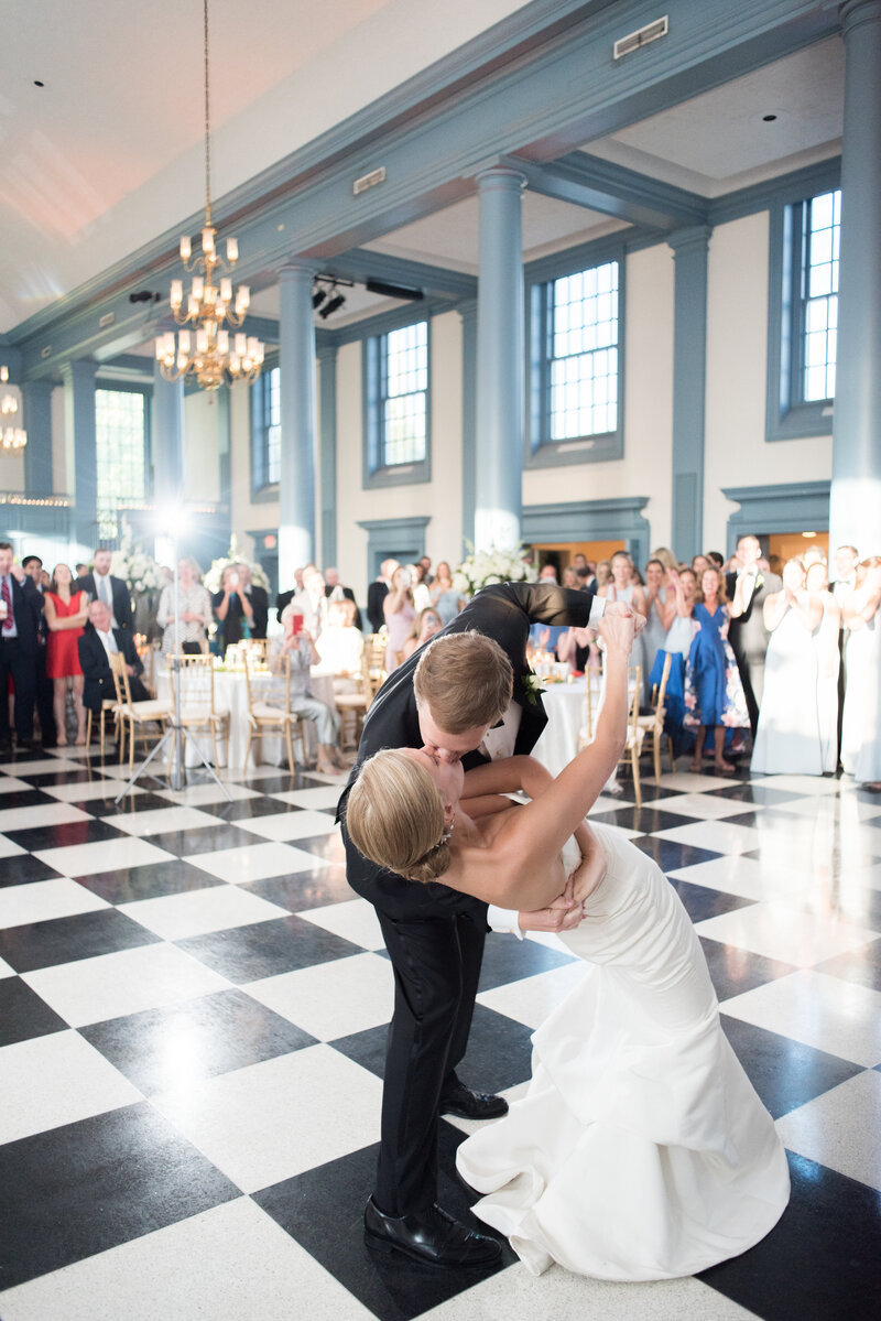 Bride and groom dancing on Virginia wedding day in ballroom