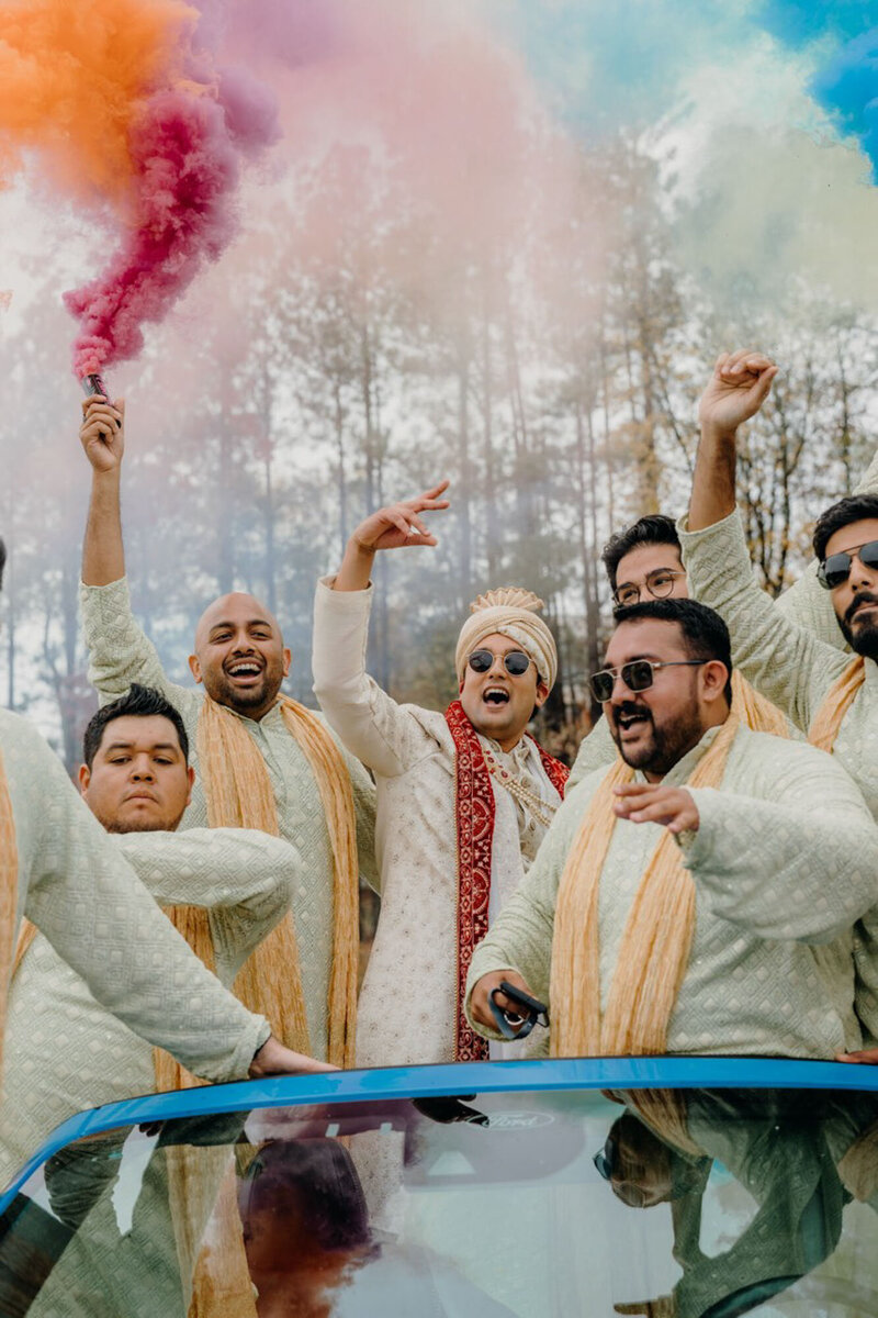 Groomsmen in car at Raleigh wedding