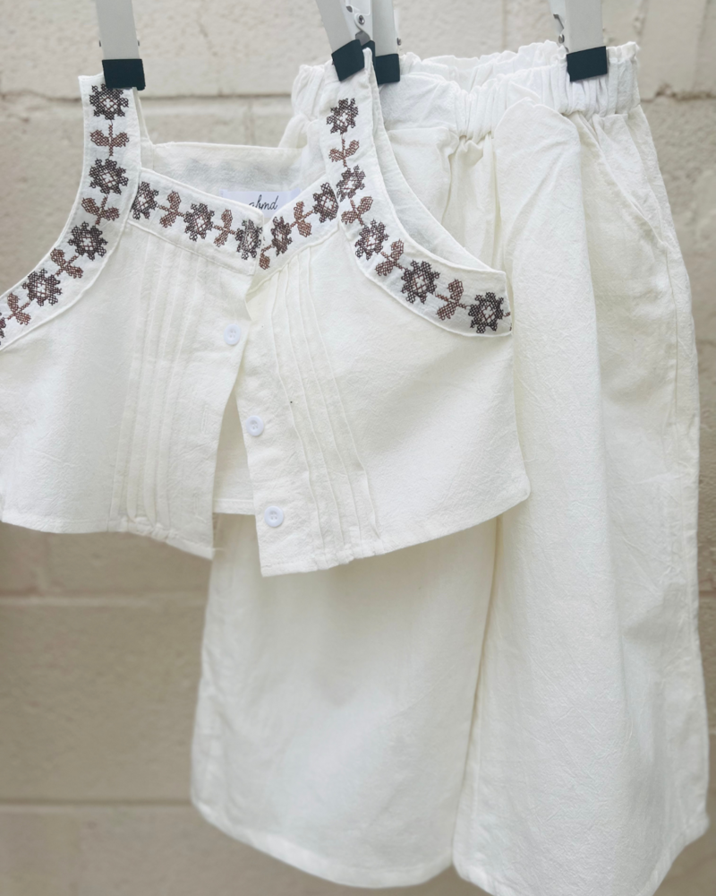white linen two-piece set