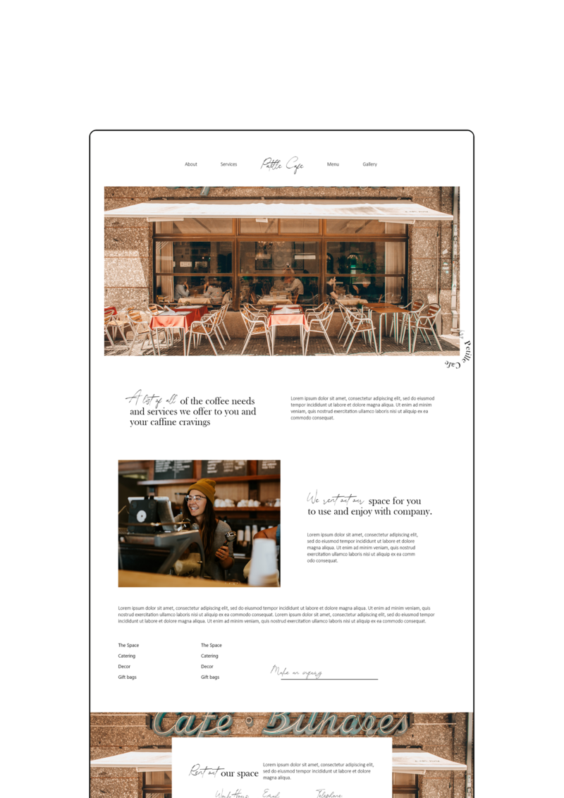 Display of the Patille cafe's website service page designed with a clean and modern look.