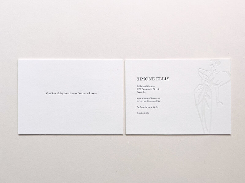Letterpress design and printed business cards for Simone Ellis Byron Bay
