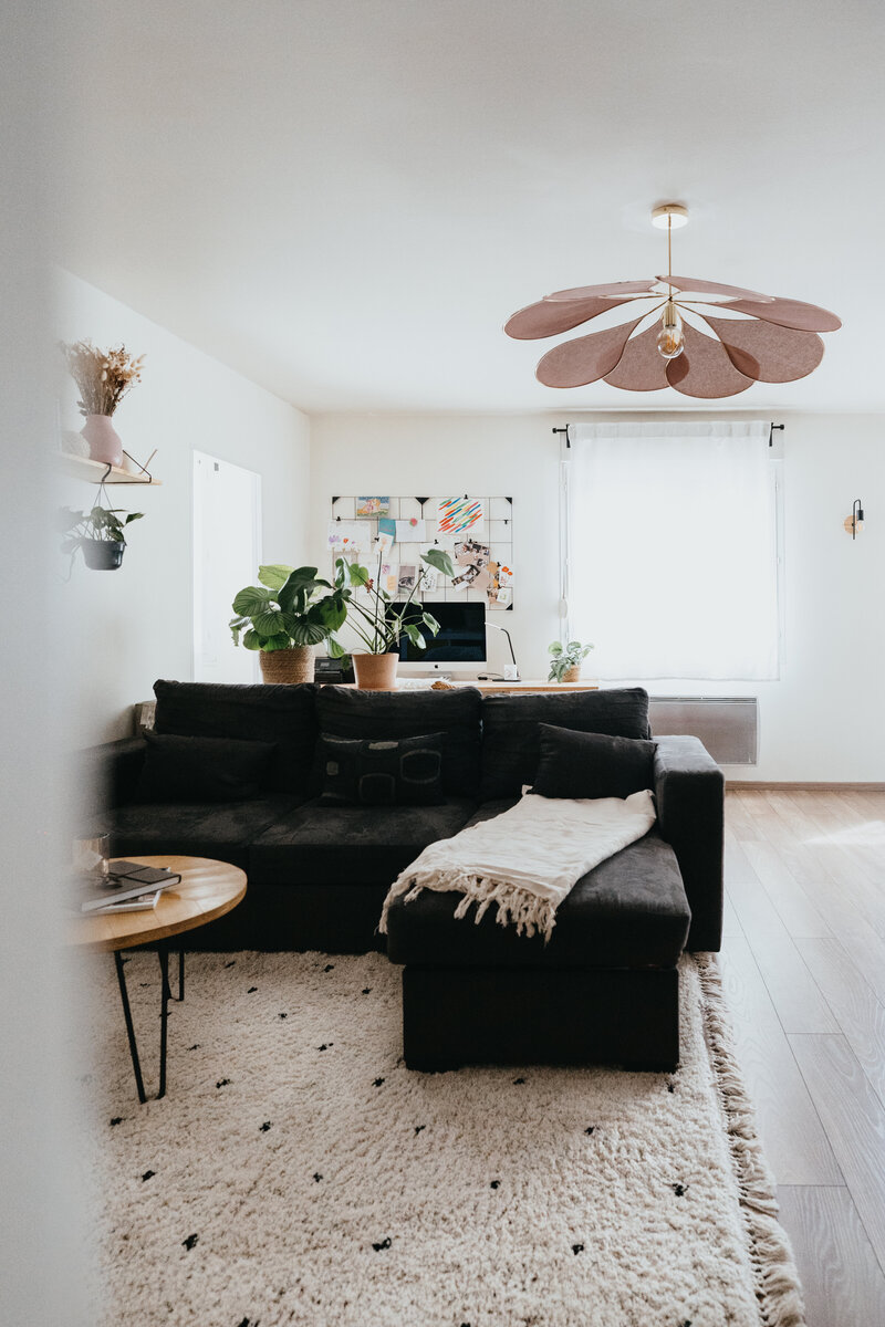 Living room design Sofa Chandelier Rug Coffee table Brooklyn interior designer