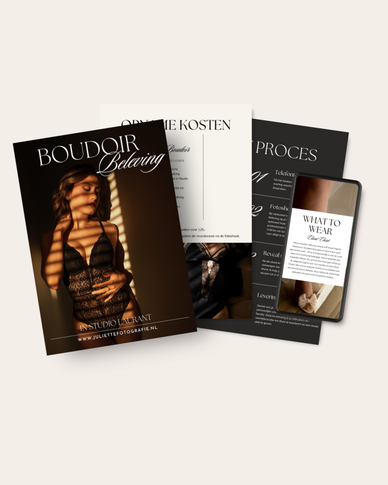 Brochure van Juliette Fotografie met informatie over beschikbare fotoshoot pakketten, stijlopties en tarieven, ontworpen om klanten te helpen bij het kiezen van hun ideale fotoshoot.
