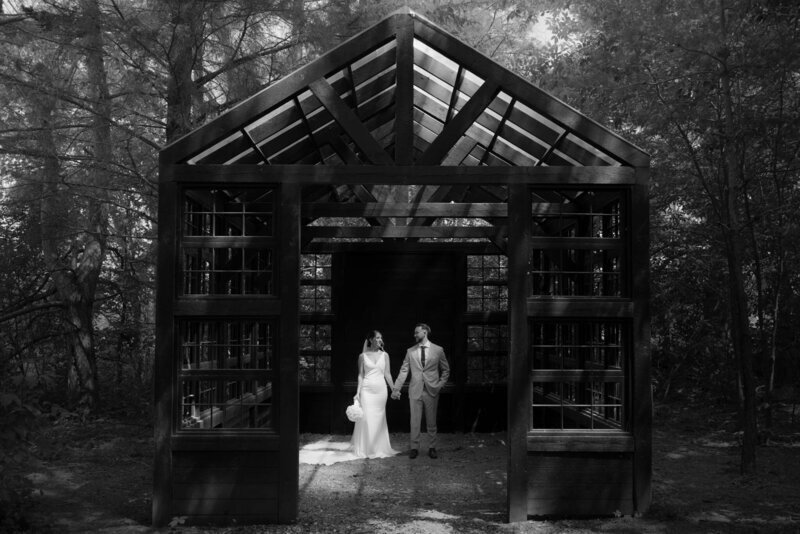 black and white wide shot by tom thornton photography of minnesota elopement couple standing in barn greenhouse through open doors illuminated from above holding hands 