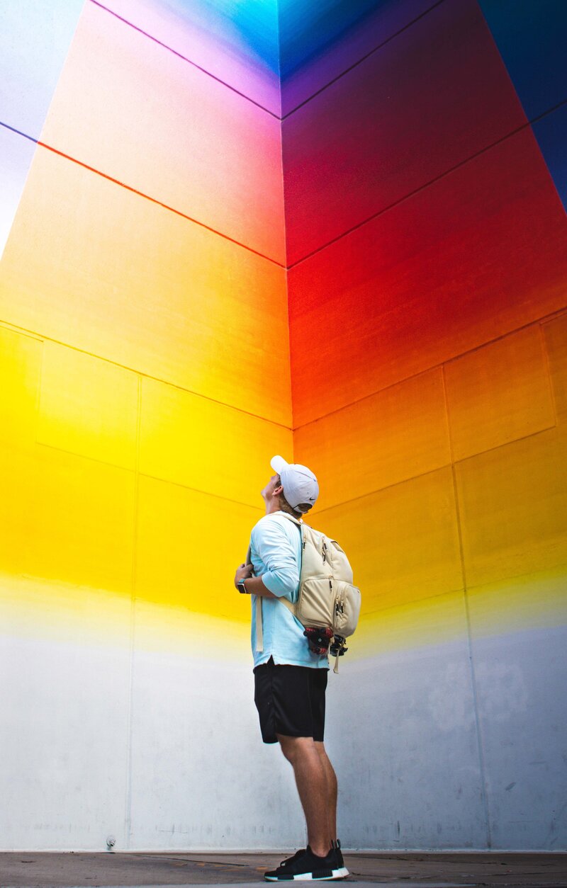 This image shows a close-up view of Josef Kristofoletti's Tau Ceti rainbow mural, located in Austin, Texas.