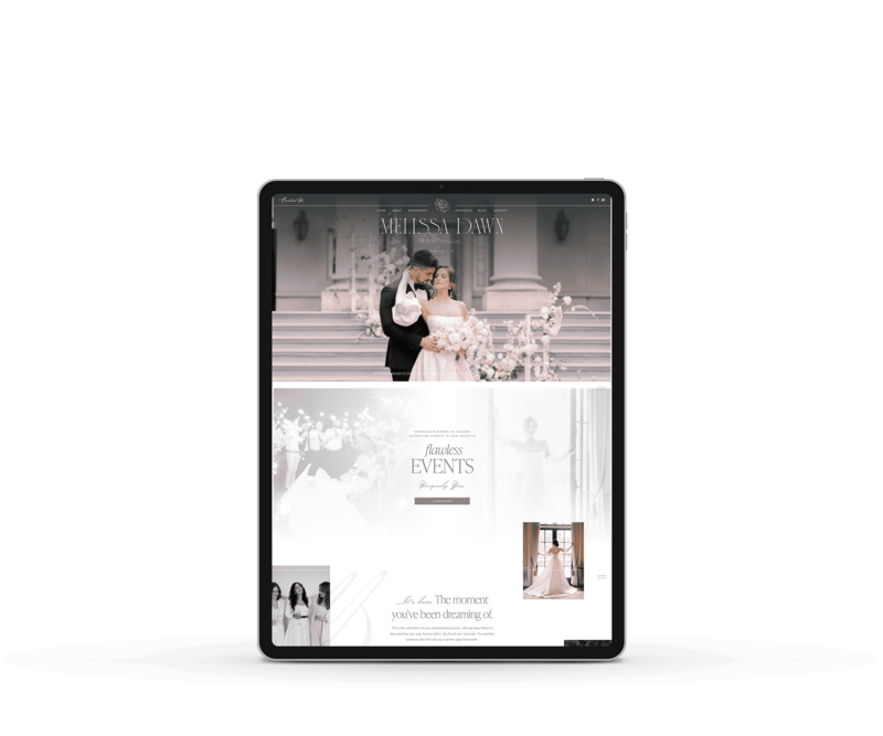 A tablet displays a beautiful wedding photography website designed by a skilled Showit Designer. The homepage features a couple in wedding attire, showcasing sections for flawless events, photography details, and client testimonials.