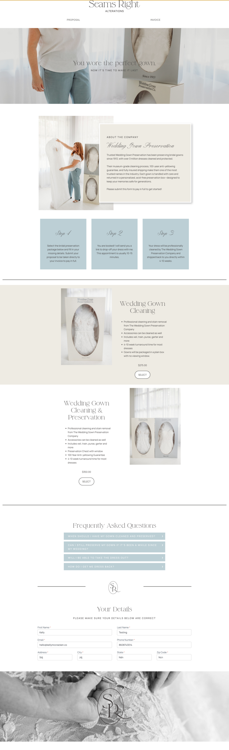 Dubsado proposal for Bridal Seamstress