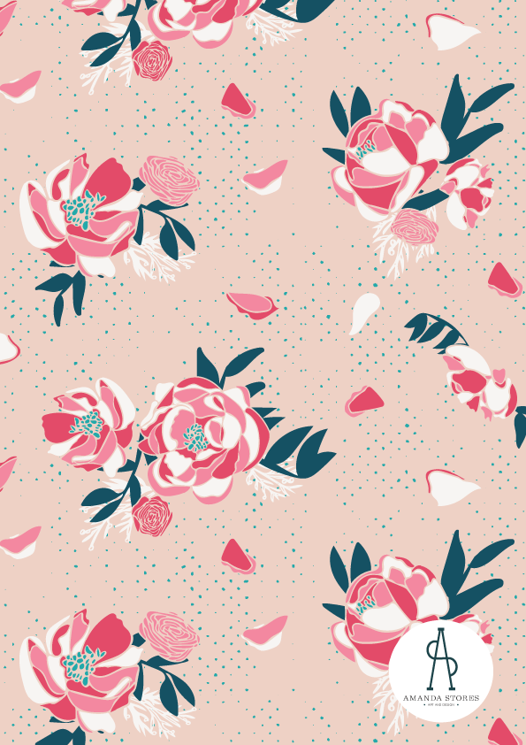 Red and pink peony on cream textured background pattern