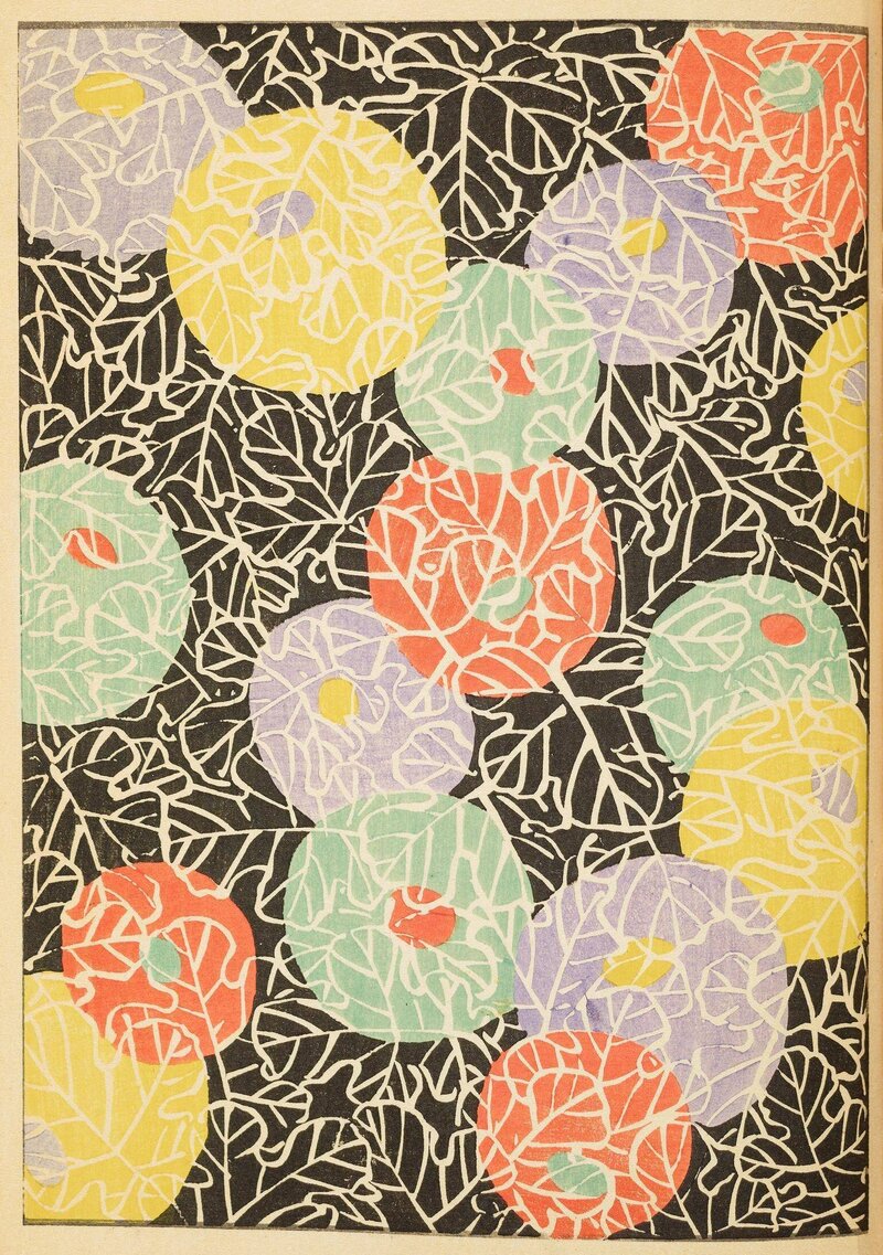 Patterned image with pink, black, yellow and red circles and squigles