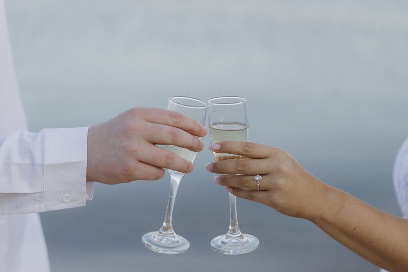 couple cheers with their champagne glasses