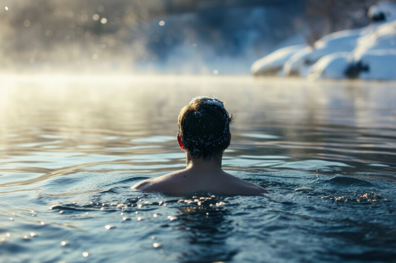 Back view of man swimming in icy lake in Winter