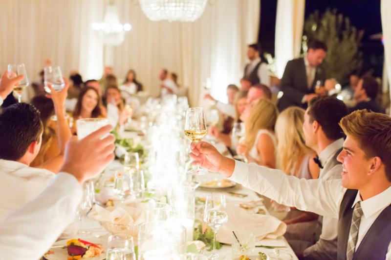 guests toasting at a luxury wedding. They're holding wine glasses