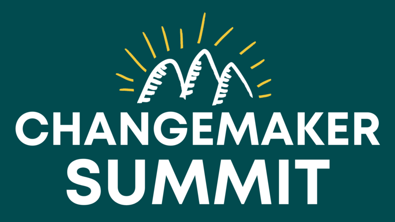 A line drawing of a mountain range with sun rays over top. The words "Changemaker Summit" are below.