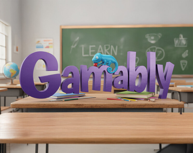Gamably's logo in a classroom in front of a green chalkboard.