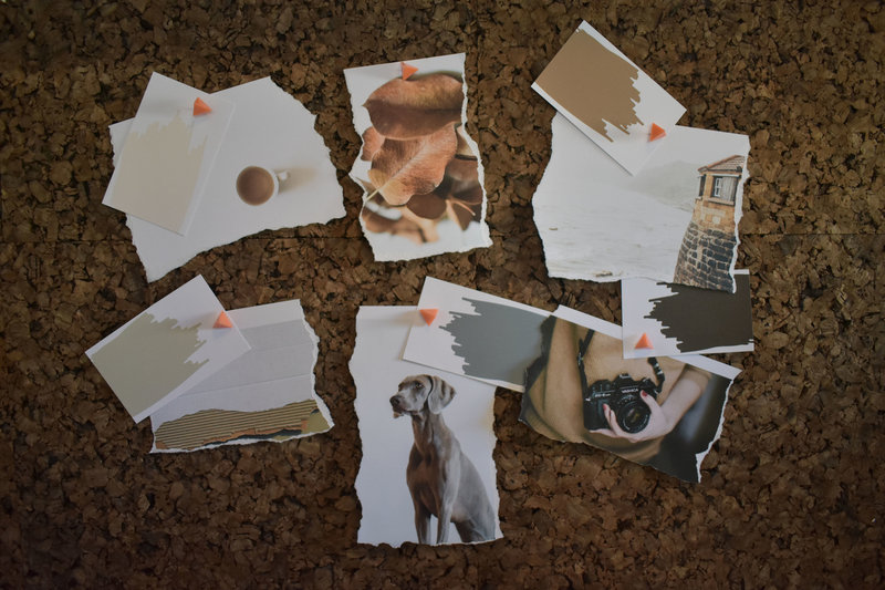 Brown cork board with torn paper images featuring brown and earthy based design elements, with orange triangular push pins 
