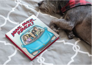 Move Over Rover Book Cover - A family of four driving in a car with their pet dog in the middle