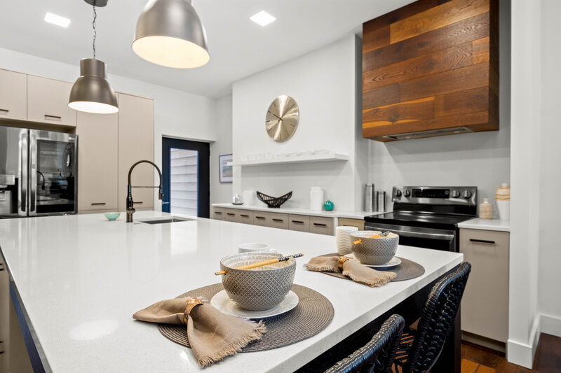 Close-up of decorative place settings in a modern kitchen