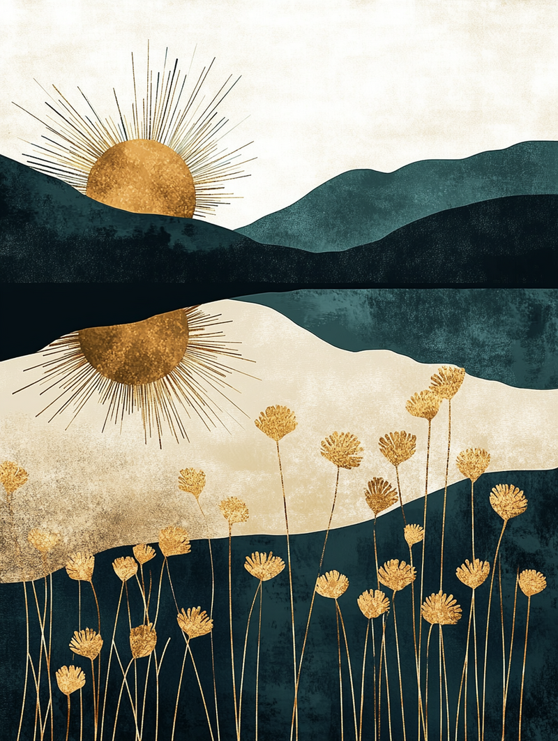 Golden sunrise reflecting over calm water with wildflowers and mountains, representing clarity, introspection, and new perspective in ALTAZ Coaching’s Clarity Quickstart offer.