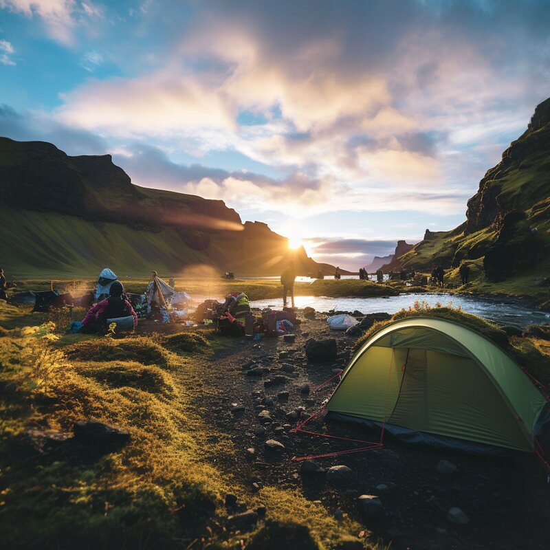 a group of people camping and watching the sun come up.
