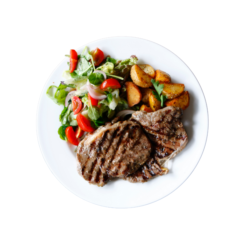 plate of grilled steak, salad and potatoes